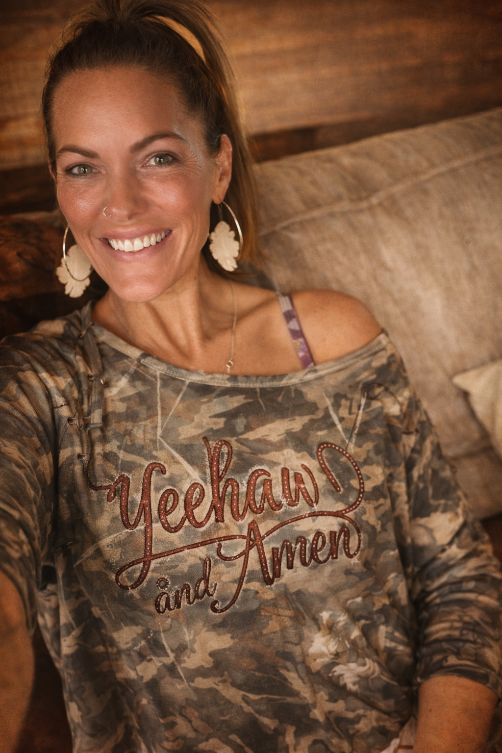 Soft off the shoulder crop top “Yeehaw and Amen”