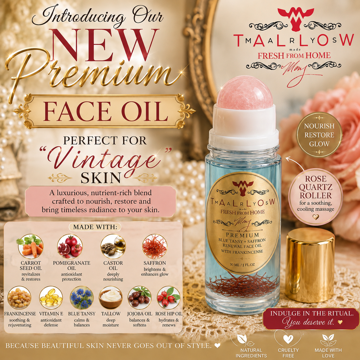 Premium Face oil for aging skin. In a beautiful velvet bag and healing stone just for you .