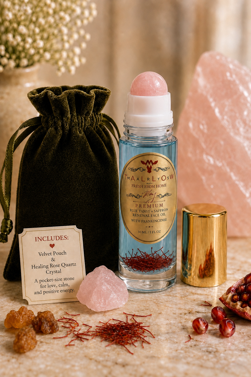 Premium Face oil for aging skin. In a beautiful velvet bag and healing stone just for you .
