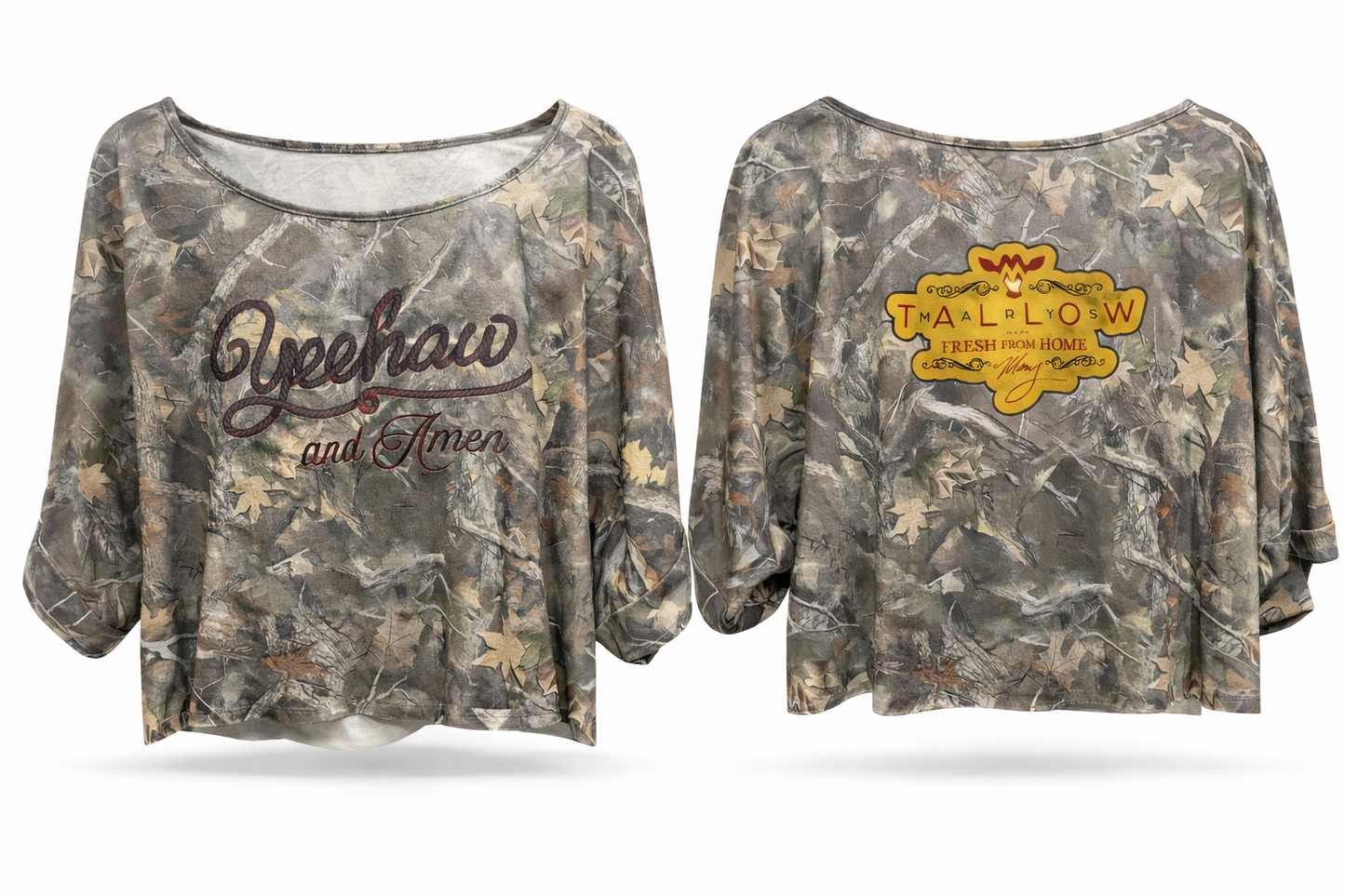 Loose fitting camo crop top/Yeehaw and Amen